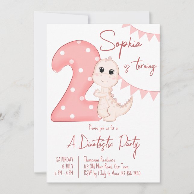 Pink baby dinosaur 2nd birthday invite (Front)