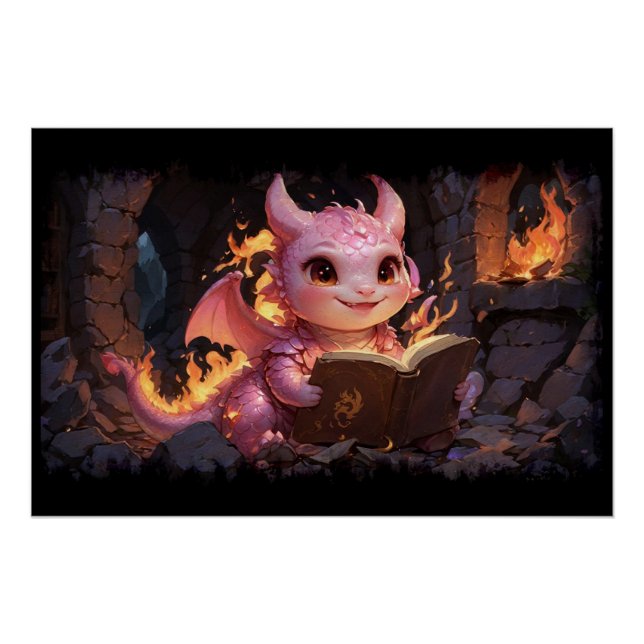 Pink Baby Dragon Reads a Book  Poster (Front)