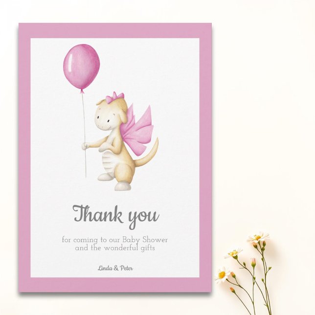 Pink Baby Dragon with Balloon Girl Baby Shower Thank You Card (Creator Uploaded)