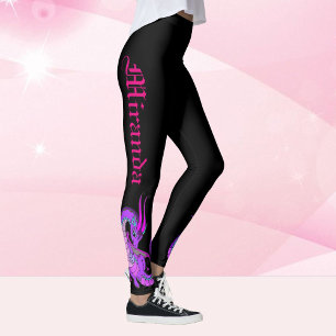 Pink Baby Dragon Your Name in Gothic Script Black Leggings