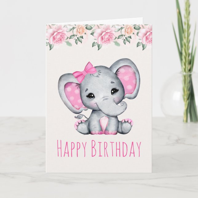 Pink Baby Elephant and Roses Border Birthday Card (Front)
