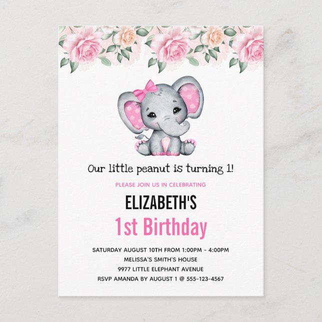 Pink Baby Elephant and Roses Border Birthday Invitation Postcard (Front)