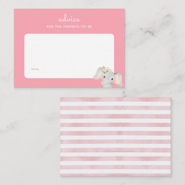 Pink Baby Elephant Baby Shower Parenting Advice Card (Front/Back)