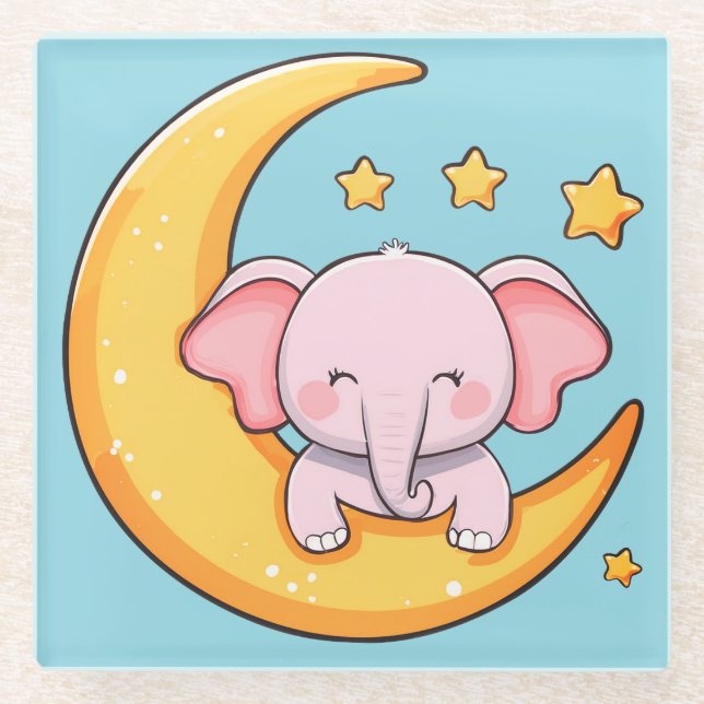 Pink baby elephant glass coaster (Front)