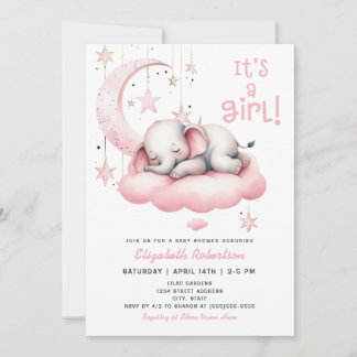 Pink Baby Elephant Moon Stars Girl Baby Shower Invitation
