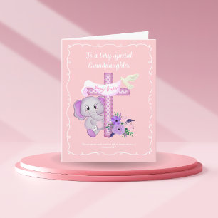 Pink Baby Elephant With Dove And Cross Baptism  Card