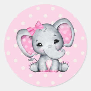 Pink Baby Elephant with Polka Dot Ears Classic Round Sticker