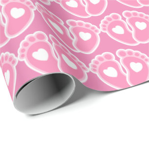 Pink Baby Feet and Hearts Pattern New Baby Girl Wrapping Paper