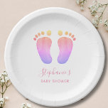 Pink Baby Feet Baby Shower Paper Plate<br><div class="desc">These cute Baby Shower Paper Plates are decorated with pink typography and watercolor rainbow-coloured baby feet.
The text is customisable.
Because we create our artwork you won't find this exact image from other designers.
Original Watercolor © Michele Davies.</div>