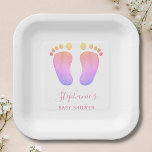 Pink Baby Feet Baby Shower Paper Plates<br><div class="desc">These cute Baby Shower Paper Plates are decorated with pink typography and watercolor rainbow-coloured baby feet.
The text is customisable.
Because we create our artwork you won't find this exact image from other designers.
Original Watercolor © Michele Davies.</div>