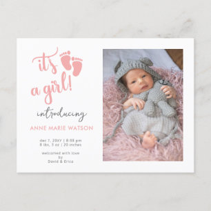 Pink Baby Feet its a Girl Photo Birth Announcement Postcard