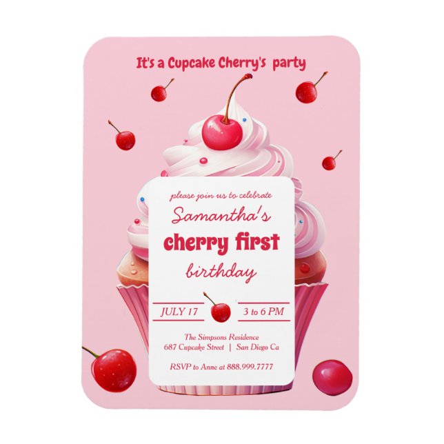 Pink Baby First Cherry & Cupcake Birthday Party  Magnet (Vertical)
