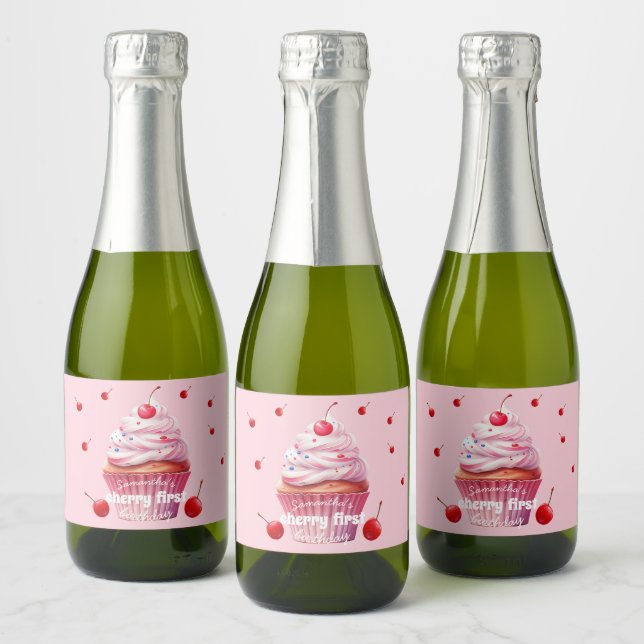 Pink Baby First Cherry & Cupcake Birthday Party  Sparkling Wine Label (Bottles)