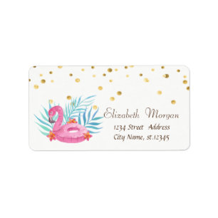 Pink Baby Flamingo, Flower Faux Gold Foil Confetti Label