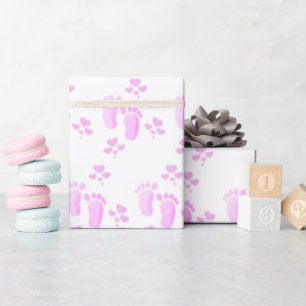 Pink Baby Footprints and Hearts On White Wrapping Paper