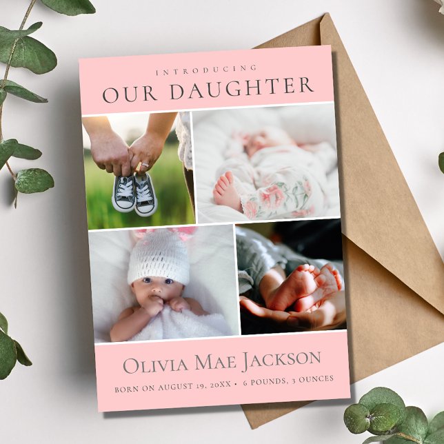 Pink Baby Girl 4 Photo Collage Birth  Announcement (Introducing Our Daughter 4 Photo Baby Birth Announcement)