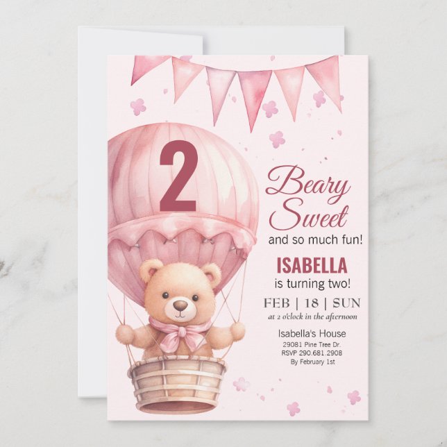 Pink Baby Girl Air Ballon Teddy Bear Birthday Invitation (Front)