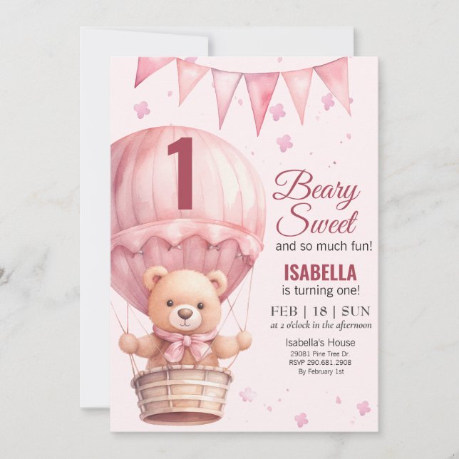 Pink Baby Girl Air Ballon Teddy Bear Birthday Invitation (Front)