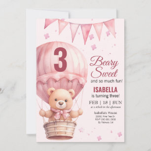 Pink Baby Girl Air Ballon Teddy Bear Birthday Invitation