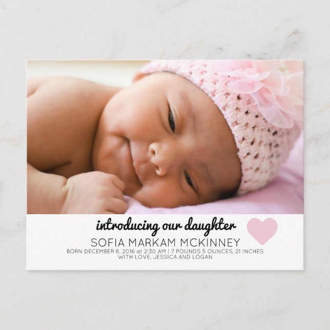 Pink Baby Girl Birth Announcement Photo Postcard (Front)