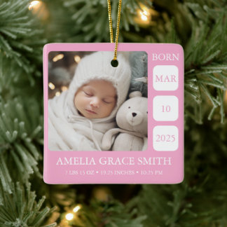 Pink Baby Girl Birth Stat Photo Christmas Ornament