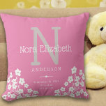 Pink Baby Girl Birth Stats Daisy Monogram Nursery Cushion<br><div class="desc">This cute nursery pillow features a pink background with accents of white daisies and is perfect for a newborn baby girl. The design offers custom text for a monogram,  name and birth stats.</div>