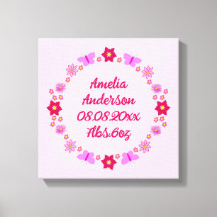 Pink Baby Girl Butterflies and Flower Custom Birth Canvas Print