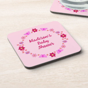 Pink Baby Girl Butterflies and Flowers Baby Shower Coaster