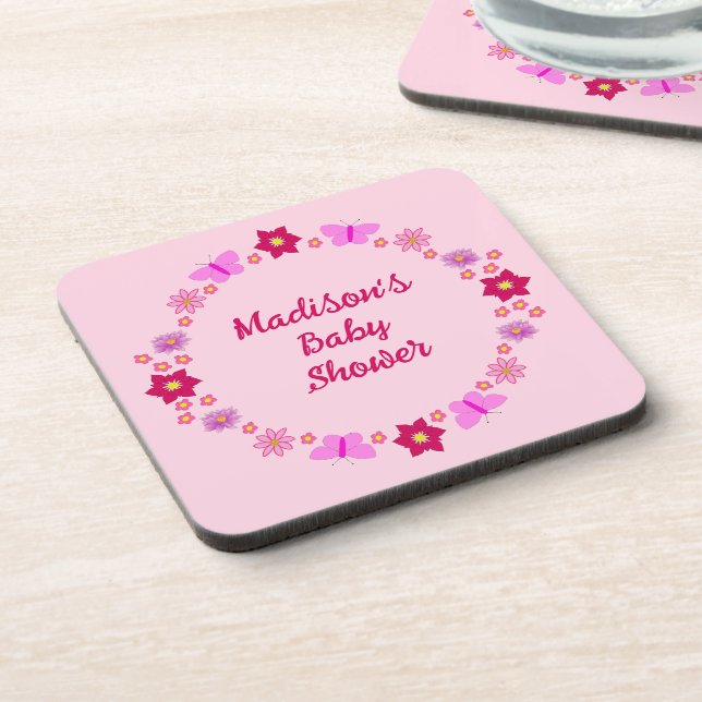 Pink Baby Girl Butterflies and Flowers Baby Shower Coaster (Left Side)