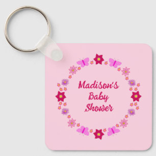 Pink Baby Girl Butterflies and Flowers Baby Shower Key Ring