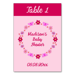 Pink Baby Girl Butterflies and Flowers Baby Shower Table Number