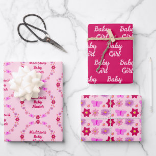 Pink Baby Girl Butterflies and Flowers Baby Shower Wrapping Paper Sheet