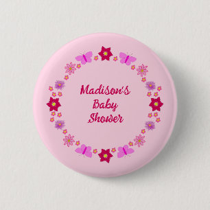 Pink Baby Girl Butterflies and Flowers Custom 6 Cm Round Badge