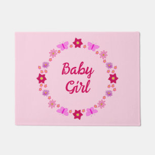 Pink Baby Girl Butterflies and Flowers Custom Doormat