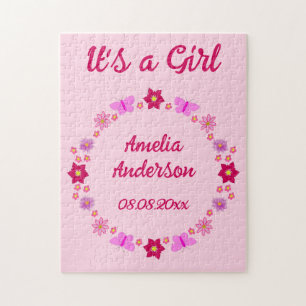 Pink Baby Girl Butterflies and Flowers Custom Jigsaw Puzzle