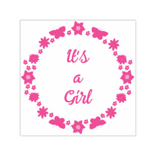 Pink Baby Girl Butterflies and Flowers Custom Self-inking Stamp