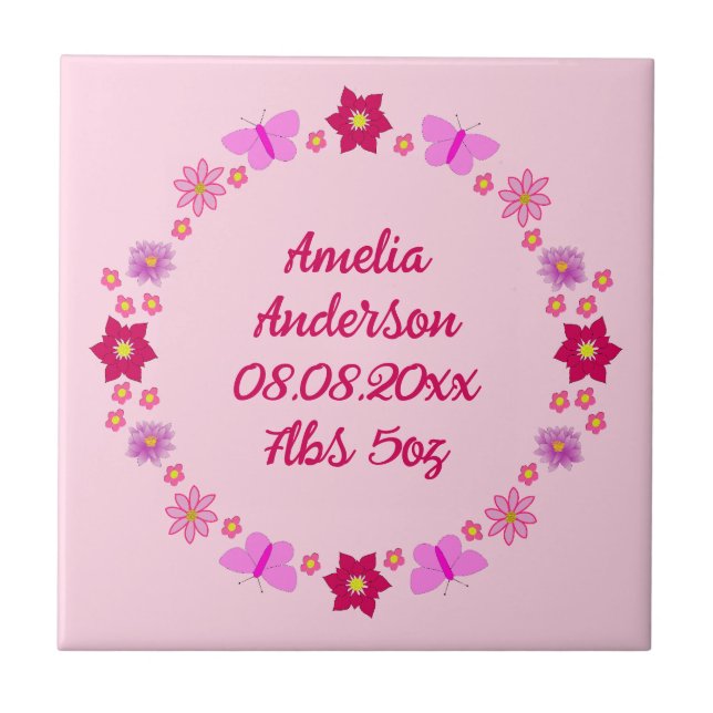 Pink Baby Girl Butterflies and Flowers Custom Tile (Front)