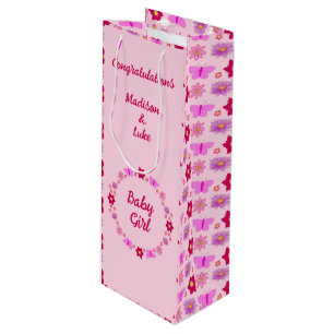 Pink Baby Girl Butterflies and Flowers Custom Wine Gift Bag