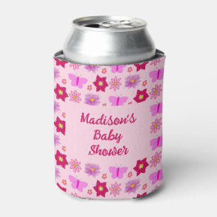 Pink Baby Girl Butterflies and Flowers Patterned Can Cooler