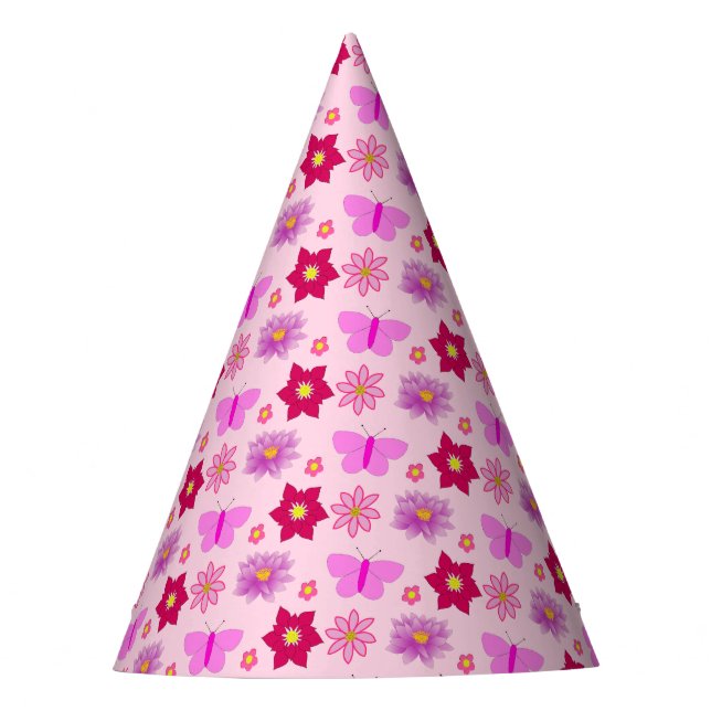 Pink Baby Girl Butterflies and Flowers Patterned Party Hat (Front)
