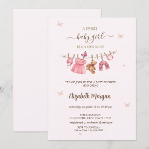 Pink Baby Girl Clothesline Baby Shower Invitation