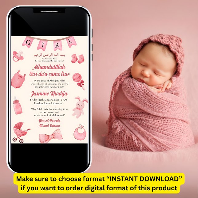 Pink Baby Girl Clothing Muslim Birth Announcement (Creator Uploaded)