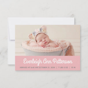 Pink Baby Girl Custom Photo Retro Script Birth Announcement
