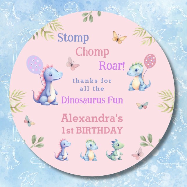 Pink Baby Girl Dinosaur 1st Birthday Thank You Classic Round Sticker (Creator Uploaded)