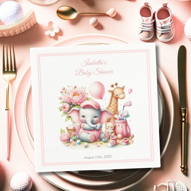Pink Baby Girl Elephant & Giraffe Golf Baby Shower Napkin (A lovely way to add whimsical delight to your baby shower tables. )