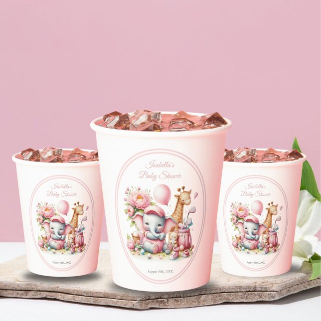 Pink Baby Girl Elephant & Giraffe Golf Baby Shower Paper Cups (Creator Uploaded)
