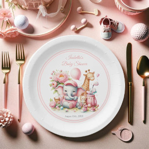Pink Baby Girl Elephant & Giraffe Golf Baby Shower Paper Plate