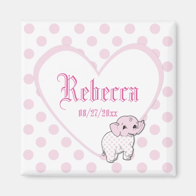Pink Baby Girl Elephant Heart and Polka Dots Magnet (Front)