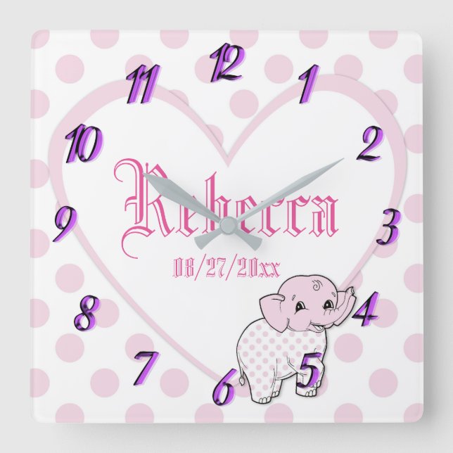 Pink Baby Girl Elephant Heart and Polka Dots Square Wall Clock (Front)