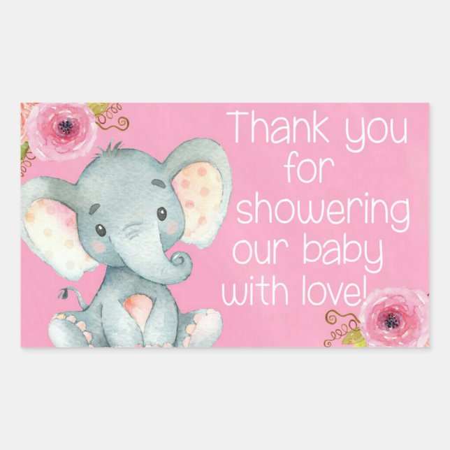 Pink Baby Girl Elephant Shower Thank You Stickers (Front)